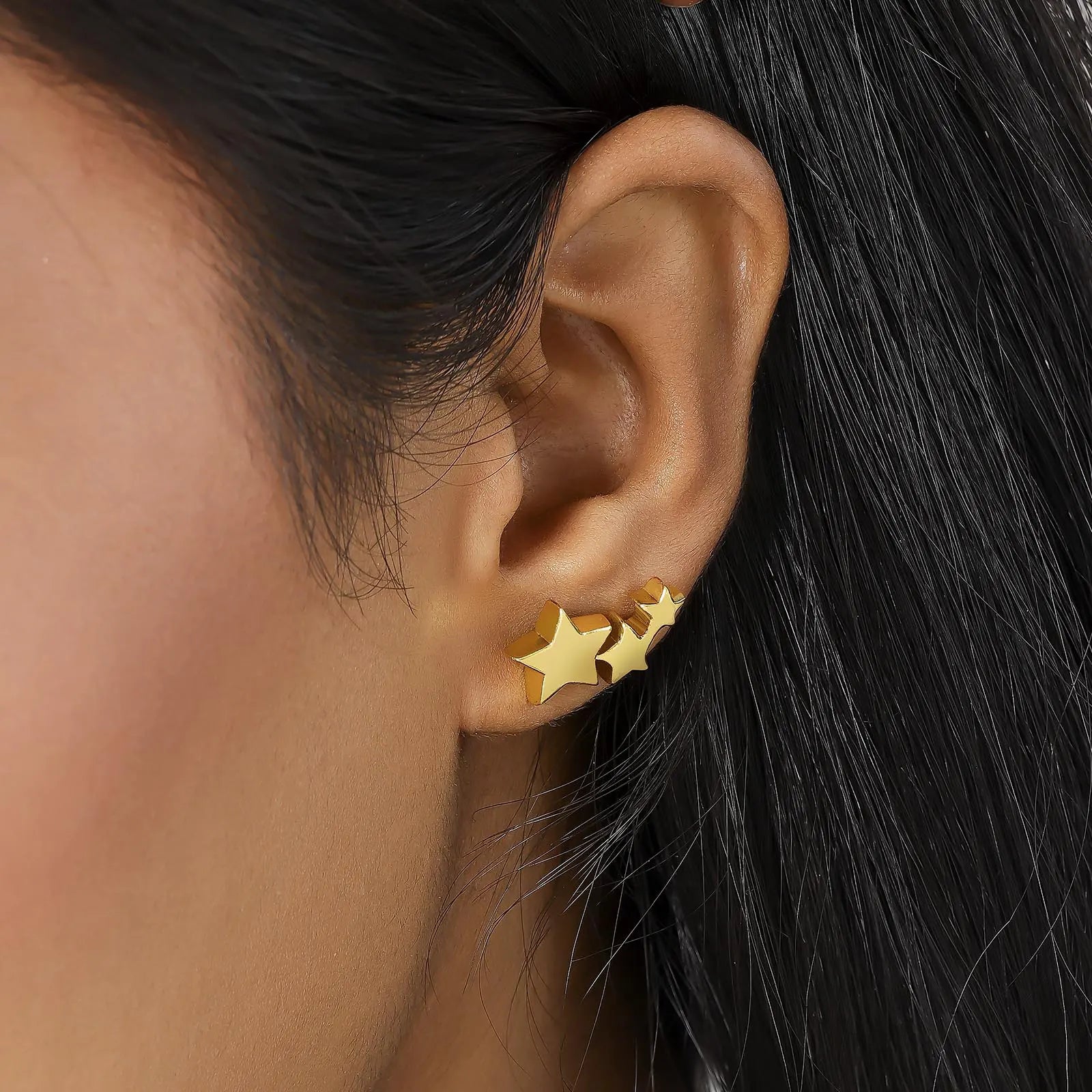 Gold Plated Three Star Stud Earrings - Tweov Jewels