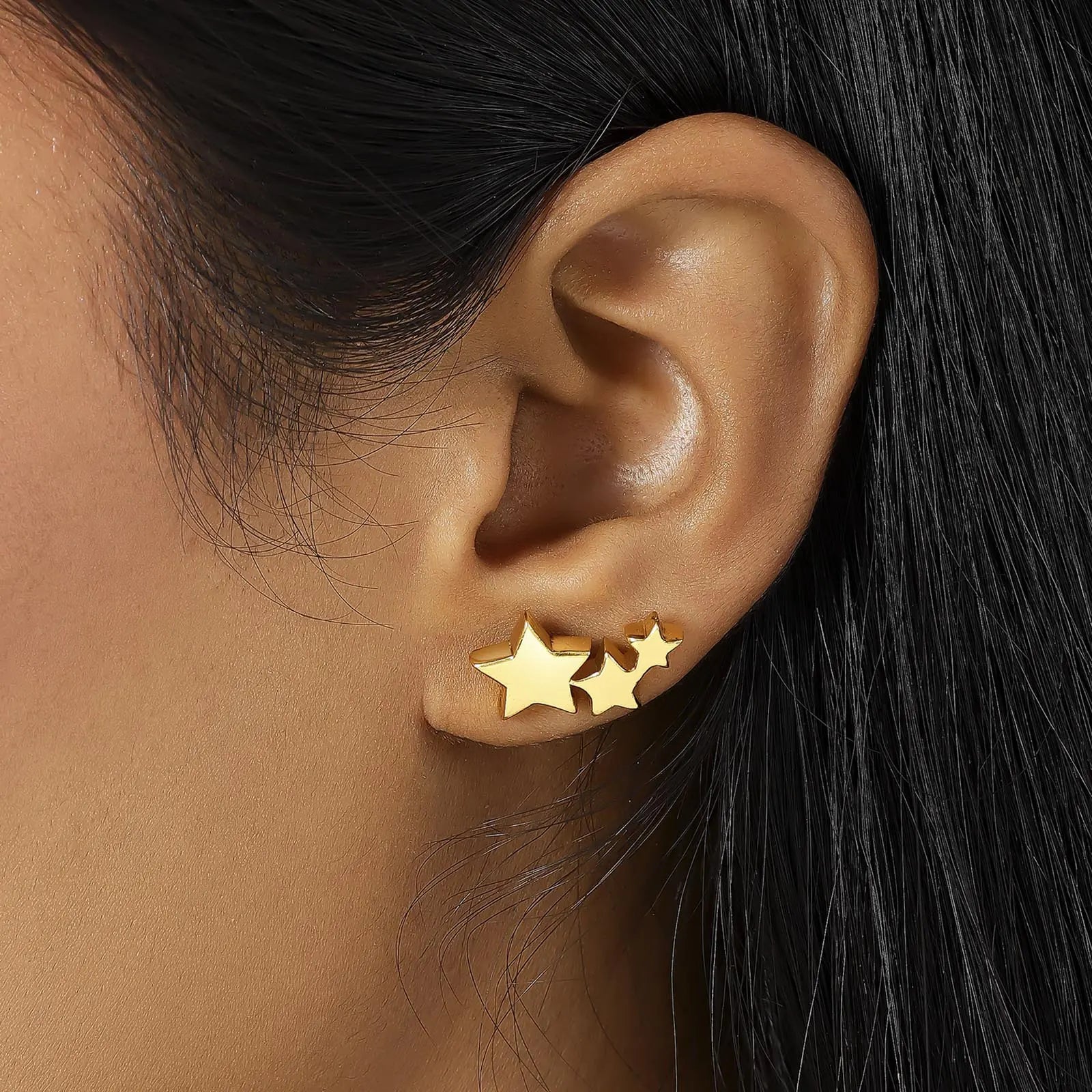 Gold Plated Three Star Stud Earrings - Tweov Jewels