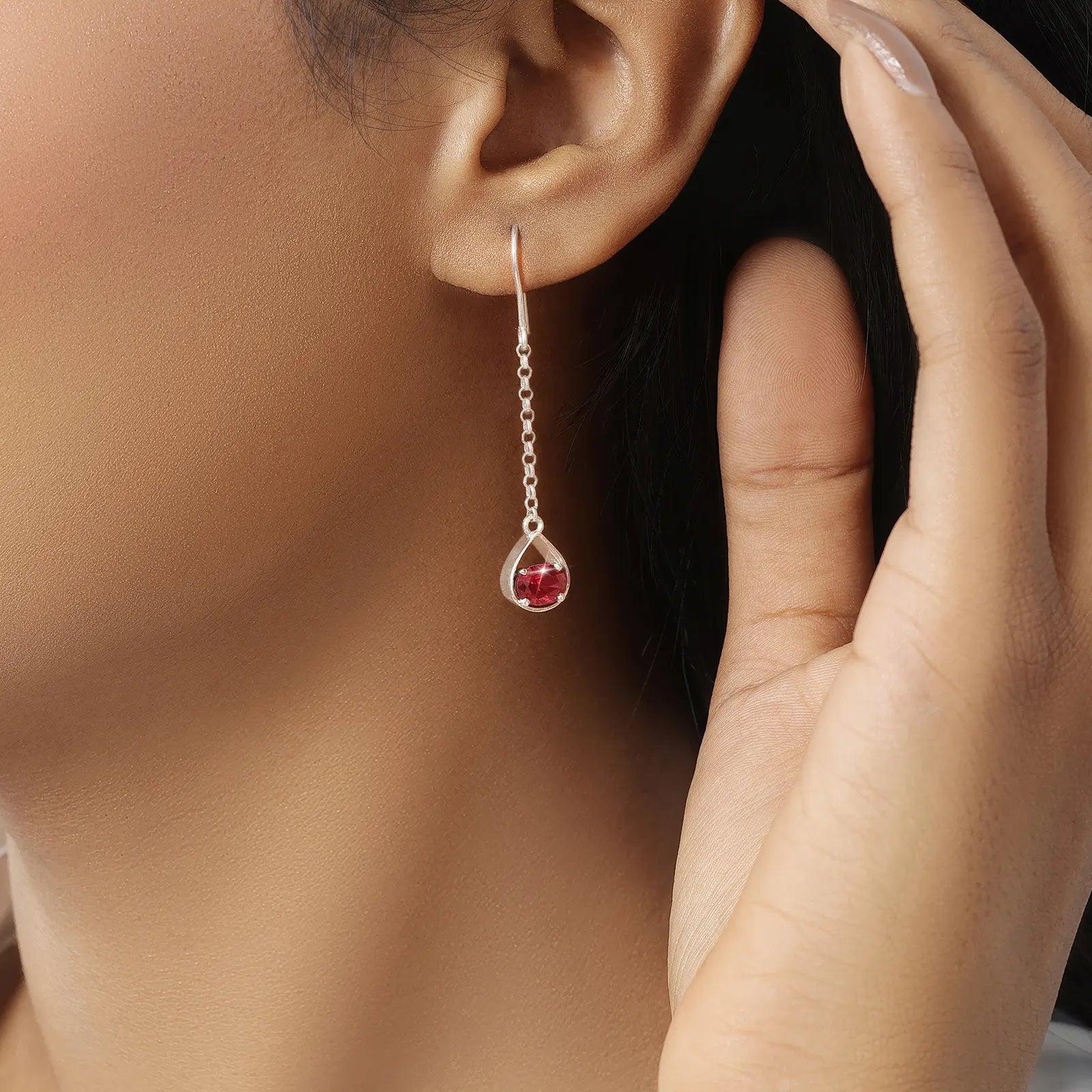 Pure Silver Earrings - Dazzling Ruby Silver Drop Model