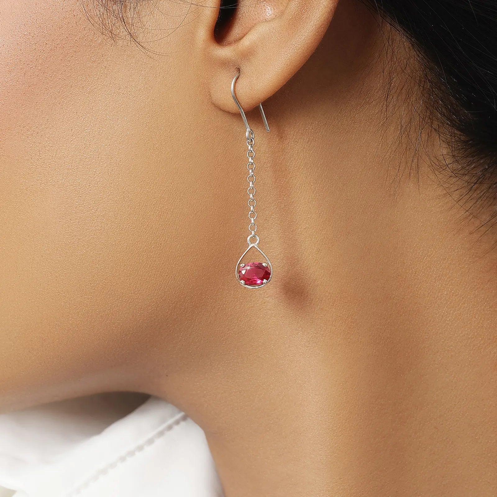 Pure Silver Earrings - Dazzling Ruby Silver Drop Model