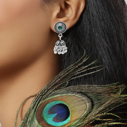 Silver Green Stone Studded Oxidised Jhumka Earrings - Tweov Jewels