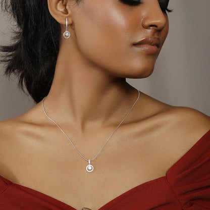 Round Cut Silver Floral Pendant & Hoop Earrings Set - Tweov Jewels