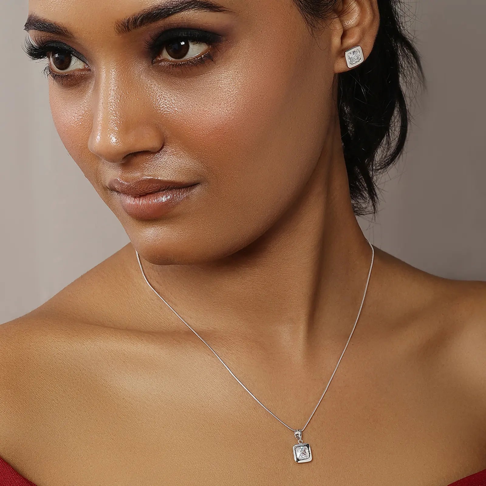 Square Cut Silver Pendant & Earrings Set - Tweov Jewels