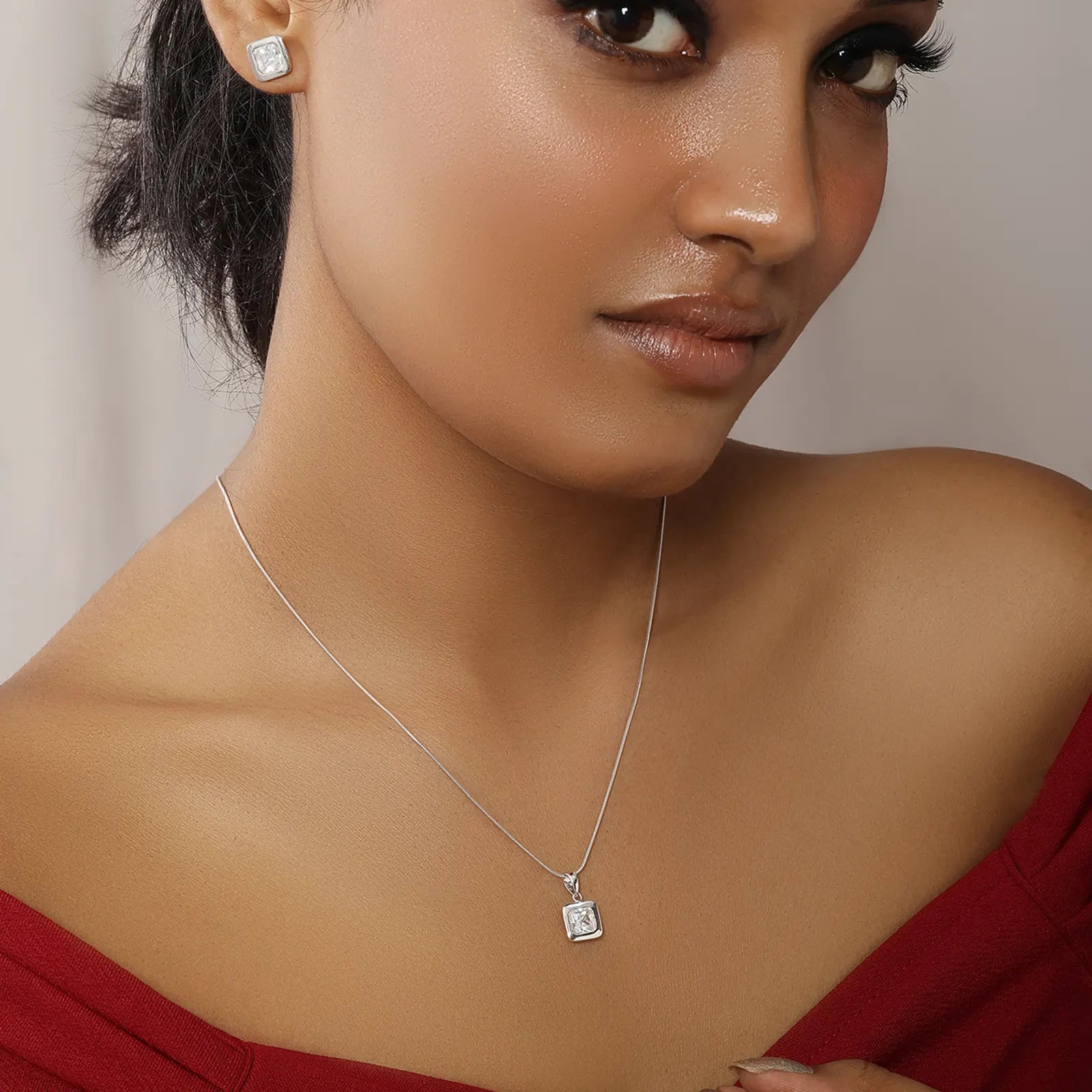 Square Cut Silver Pendant & Earrings Set - Tweov Jewels