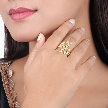 Great Summer Sale - Pure Silver Ring &#8211; Made With Gold Finish Leaf Design