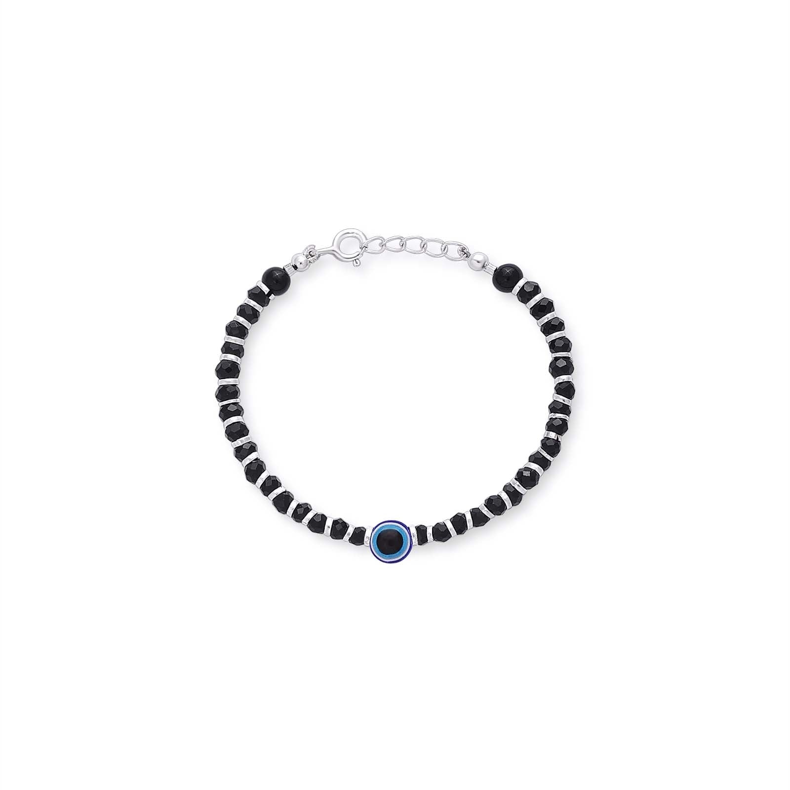 Pure Silver Bracelet for Men &amp; Women - Pure Silver Bracelet &#8211; Black Beaded Evil Eye Stone Design For Kids