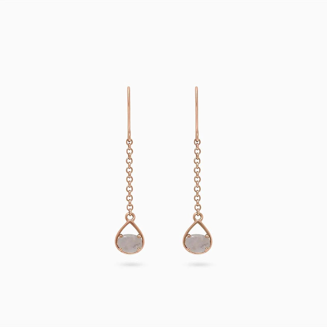 Silver Earrings - Pure Silver Earrings &#8211; Rose Gold Sleek Chain With Moonstone