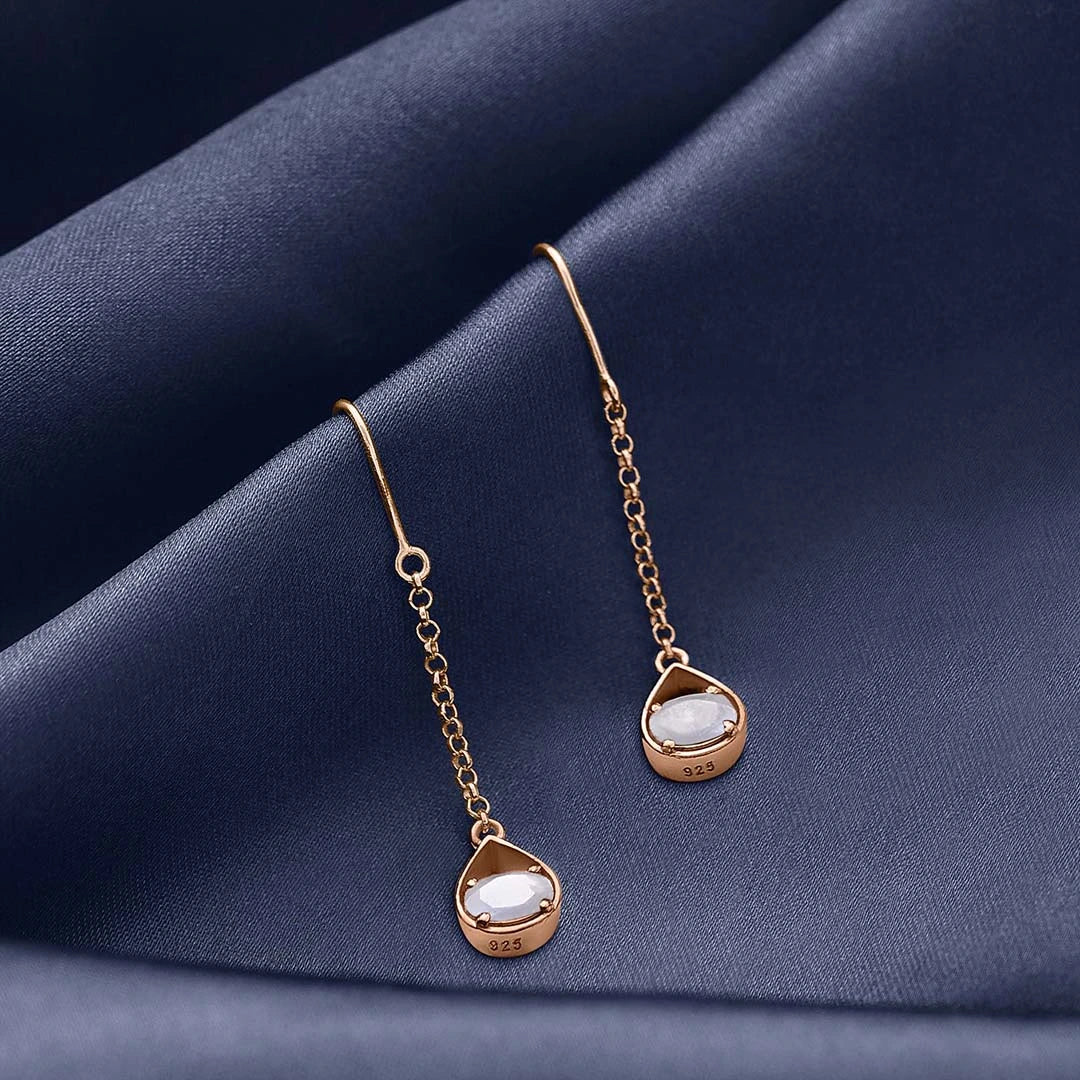 Long drop earring - Pure Silver Earrings &#8211; Rose Gold Sleek Chain With Moonstone