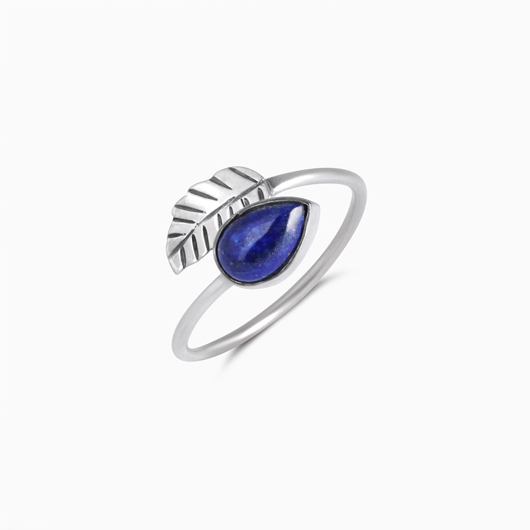 black stone necklace - Pure Silver Ring + Blue Lapis Leafy Design