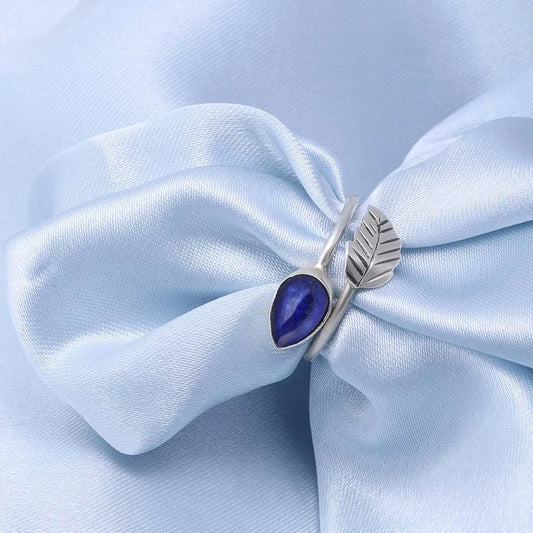 Silver Open Ring - Pure Silver Ring + Blue Lapis Leafy Design