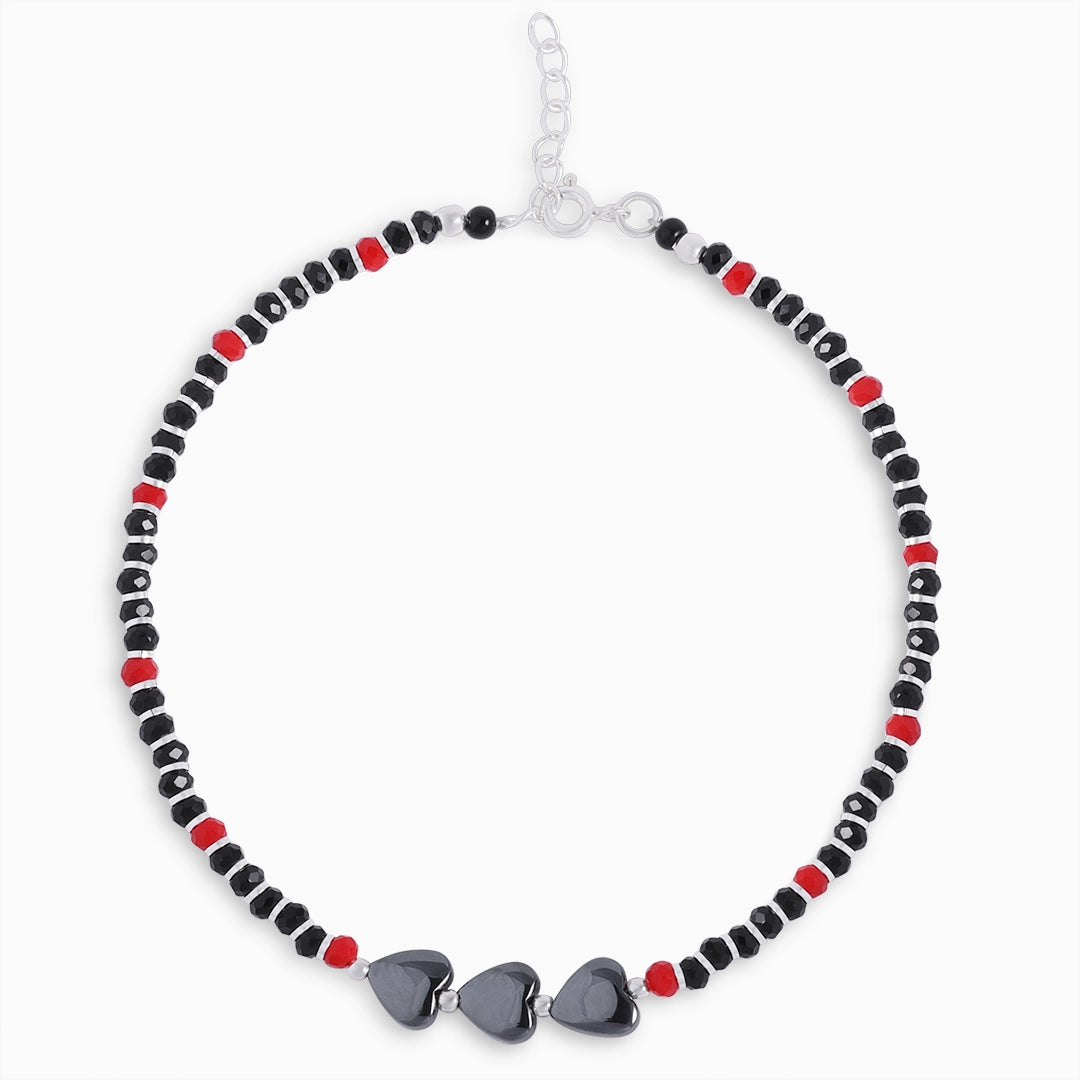 Silver anklets - Pure Silver Anklet &#8211; Black-Red Beaded With Heart Stones