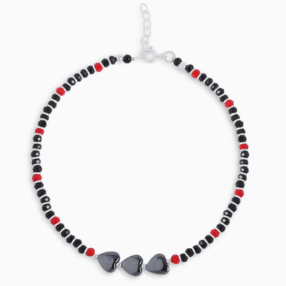 Silver anklets - Pure Silver Anklet &#8211; Black-Red Beaded With Heart Stones
