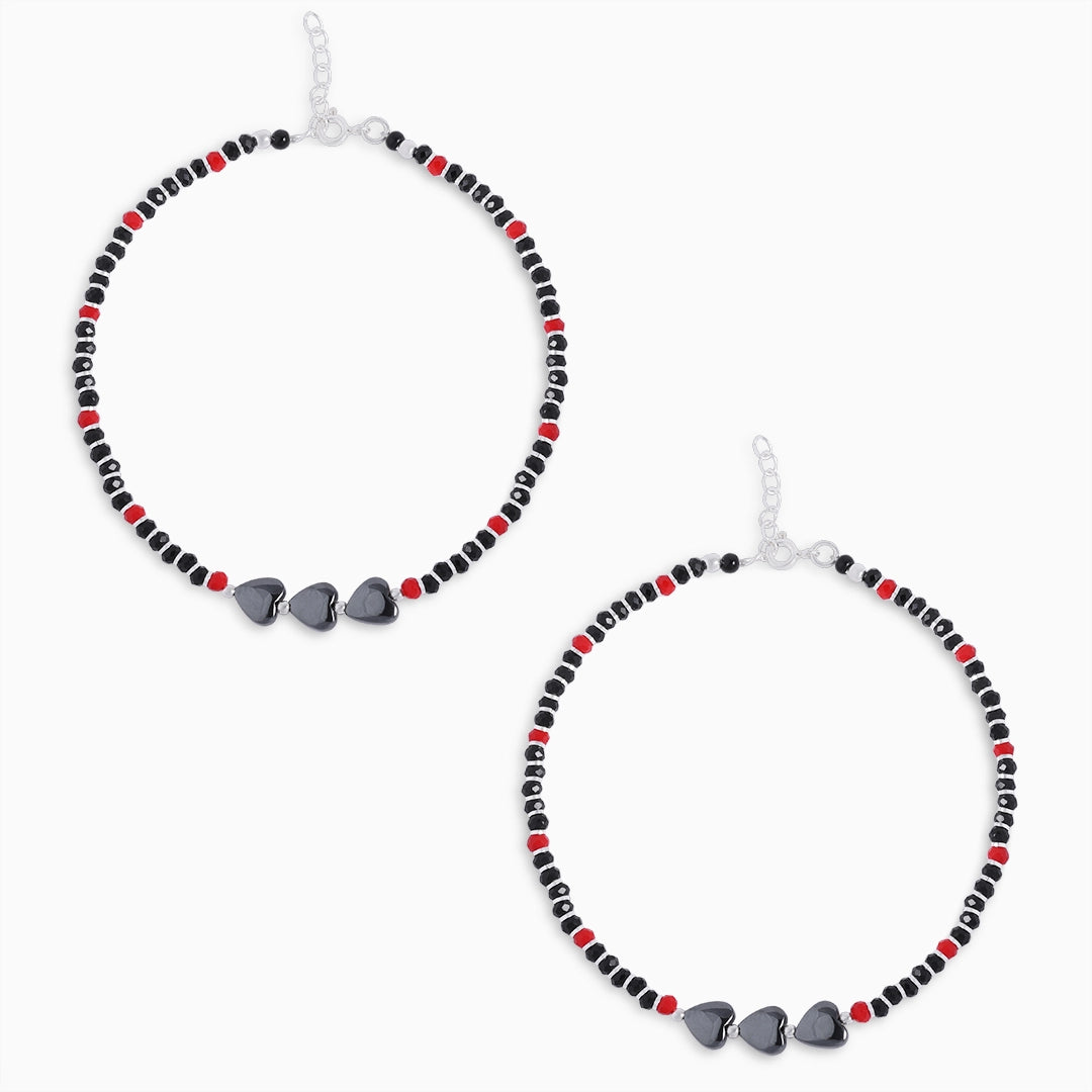daily wear anklets - Pure Silver Anklet &#8211; Black-Red Beaded With Heart Stones