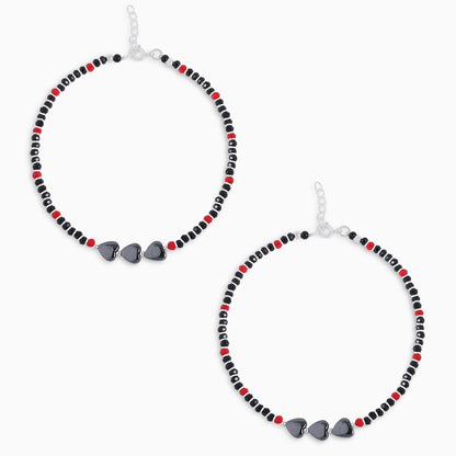 daily wear anklets - Pure Silver Anklet &#8211; Black-Red Beaded With Heart Stones