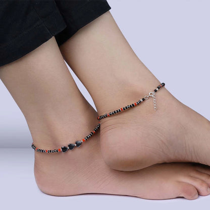black beads anklets - Pure Silver Anklet &#8211; Black-Red Beaded With Heart Stones