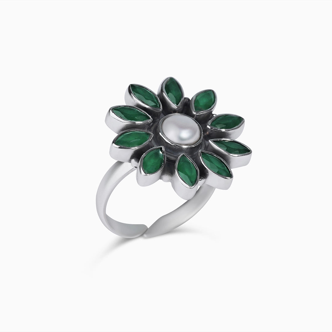 Silver Rings - Pure Silver Ring &#8211; Floral Emerald Green Design