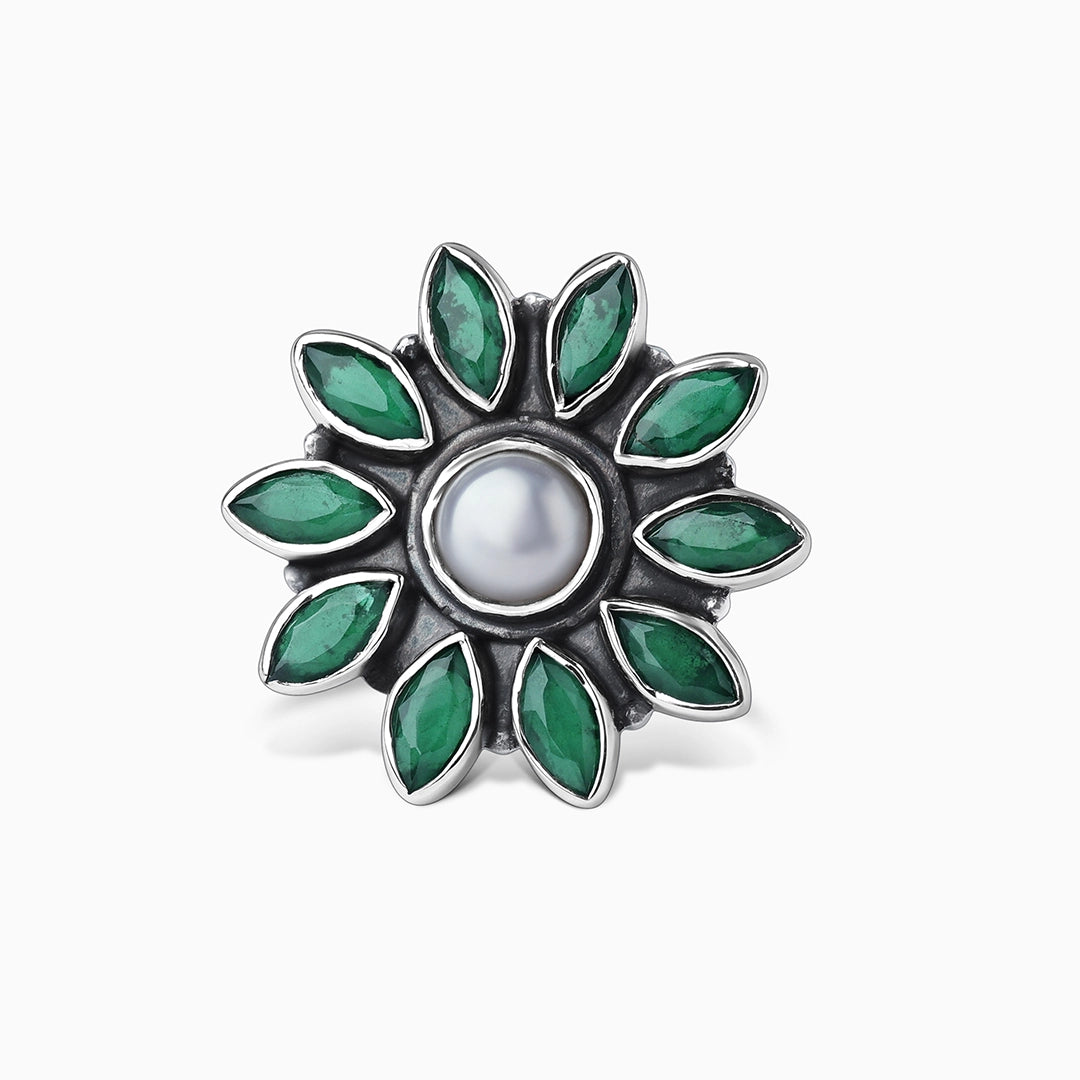 Cocktail Ring - Pure Silver Ring &#8211; Floral Emerald Green Design
