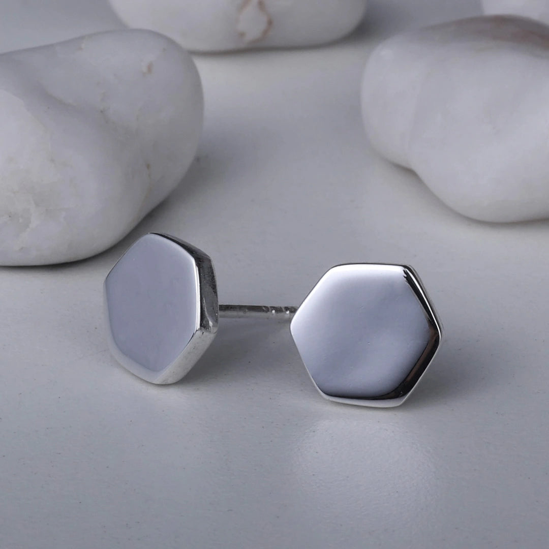 Silver Earrings - Pure Silver Stud &#8211; Hexa Glossy Finish