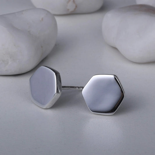Silver Earrings - Pure Silver Stud &#8211; Hexa Glossy Finish