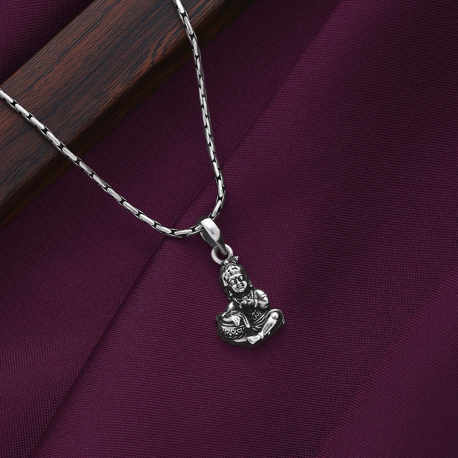 Silver Pendants - Pure 925 Silver Pendant &#8211; Rustic Krishna Oxidized Model