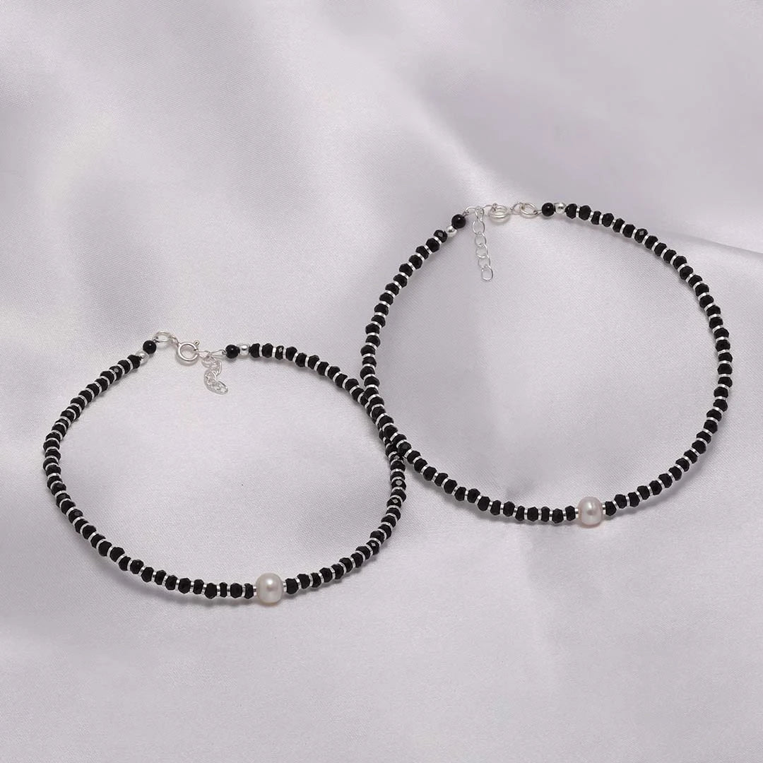black beads anklets - Pure Silver Anklet &#8211; Made With Charm Black Pearl