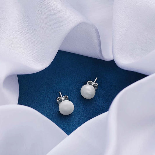 Pearl Earrings - Pure Silver Studs &#8211; Snowy White Pearl