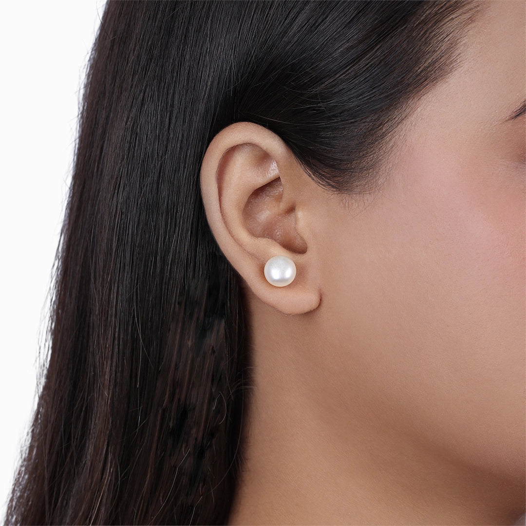 Silver Earrings - Pure Silver Studs &#8211; Snowy White Pearl