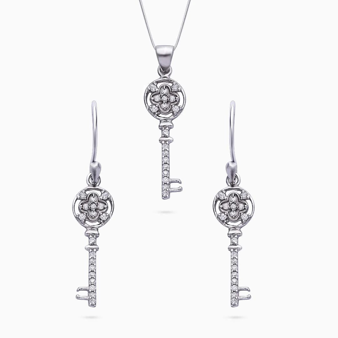 silver pendant and earring set - Pure Silver Jewellery Sets &#8211; Cubic Zirconia Key Earrings With Pendant Set