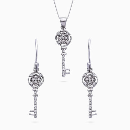 silver pendant and earring set - Pure Silver Jewellery Sets &#8211; Cubic Zirconia Key Earrings With Pendant Set