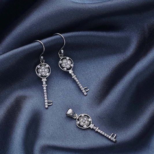 Contemporary Jewellery - Pure Silver Jewellery Sets &#8211; Cubic Zirconia Key Earrings With Pendant Set