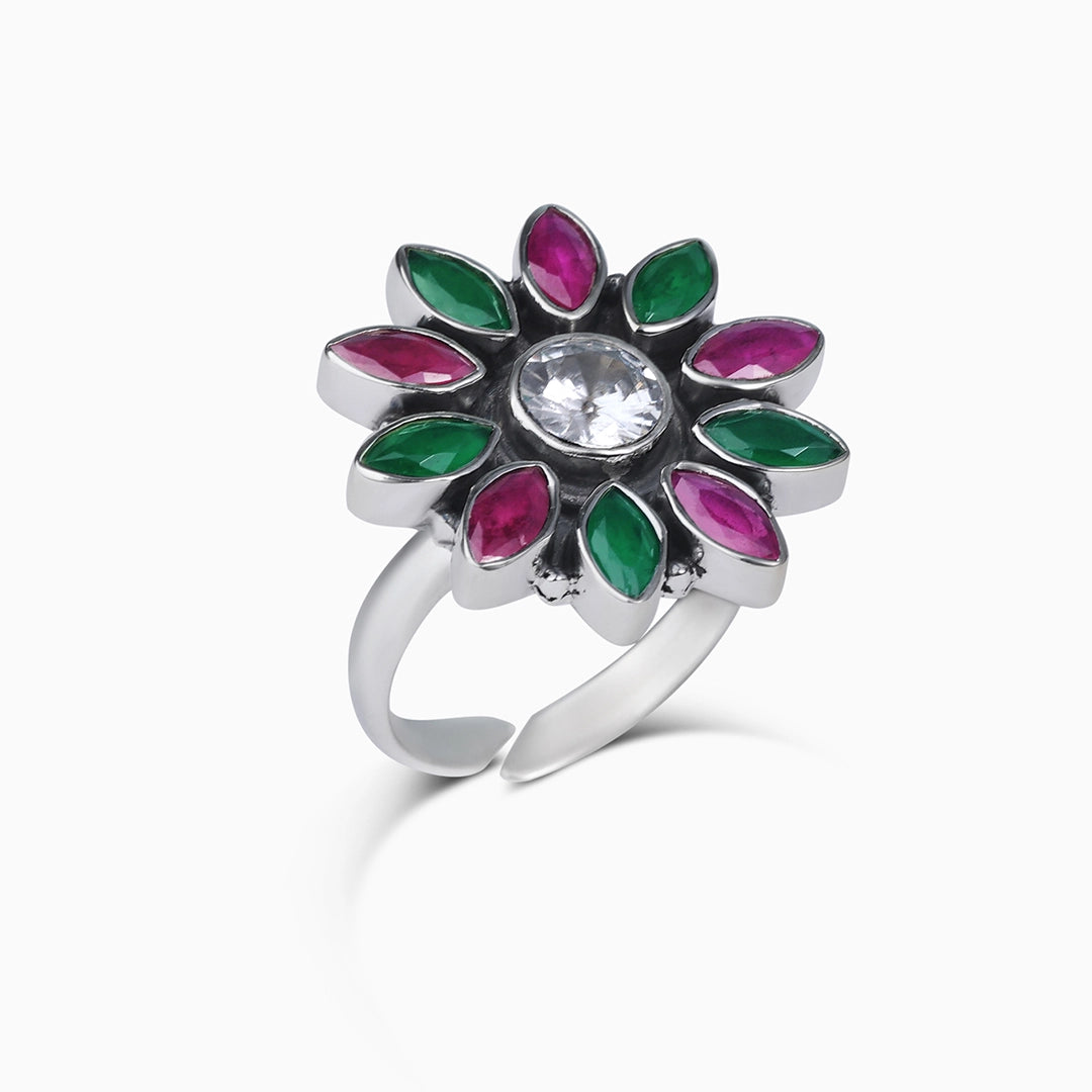 flower shape silver rings - Pure Silver Ring &#8211; Moissanite &amp; Ruby Stoned Blossom