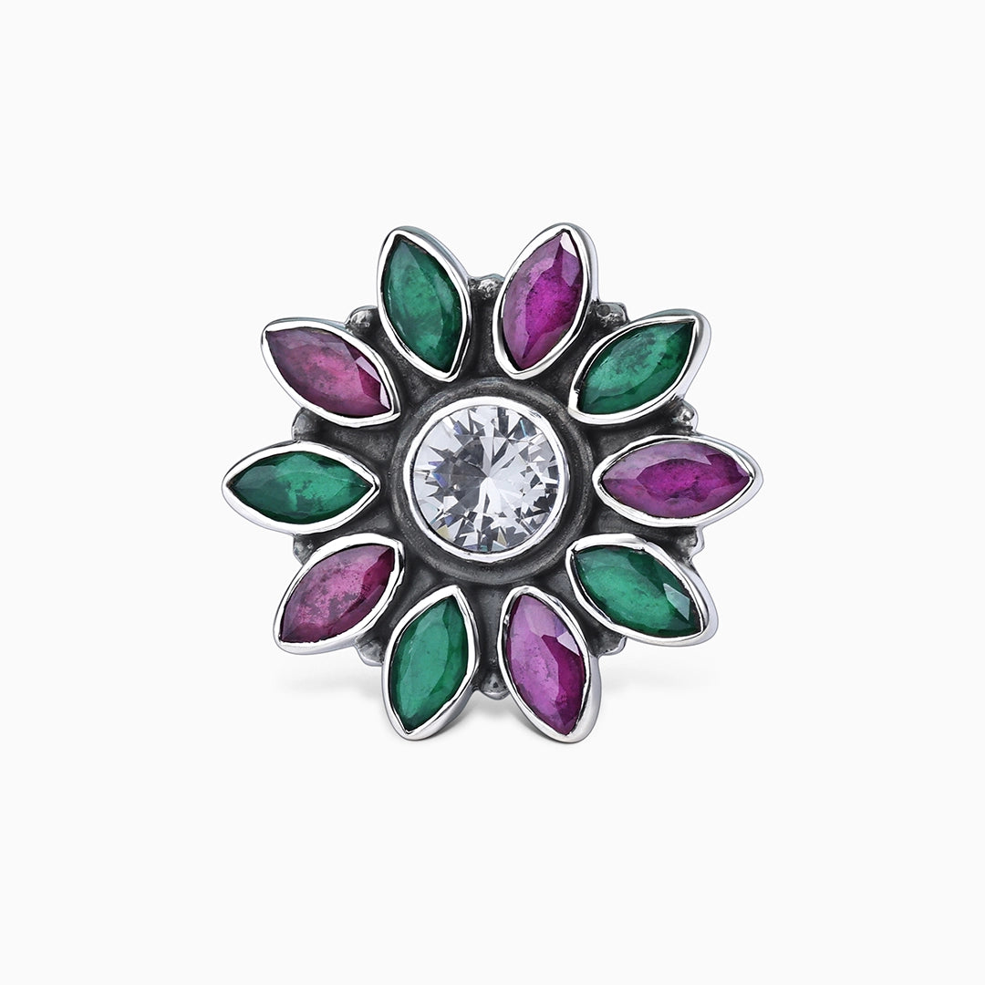 162 - Pure Silver Ring &#8211; Moissanite &amp; Ruby Stoned Blossom