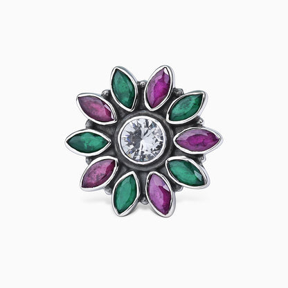 162 - Pure Silver Ring &#8211; Moissanite &amp; Ruby Stoned Blossom