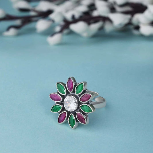 Silver Rings - Pure Silver Ring &#8211; Moissanite &amp; Ruby Stoned Blossom
