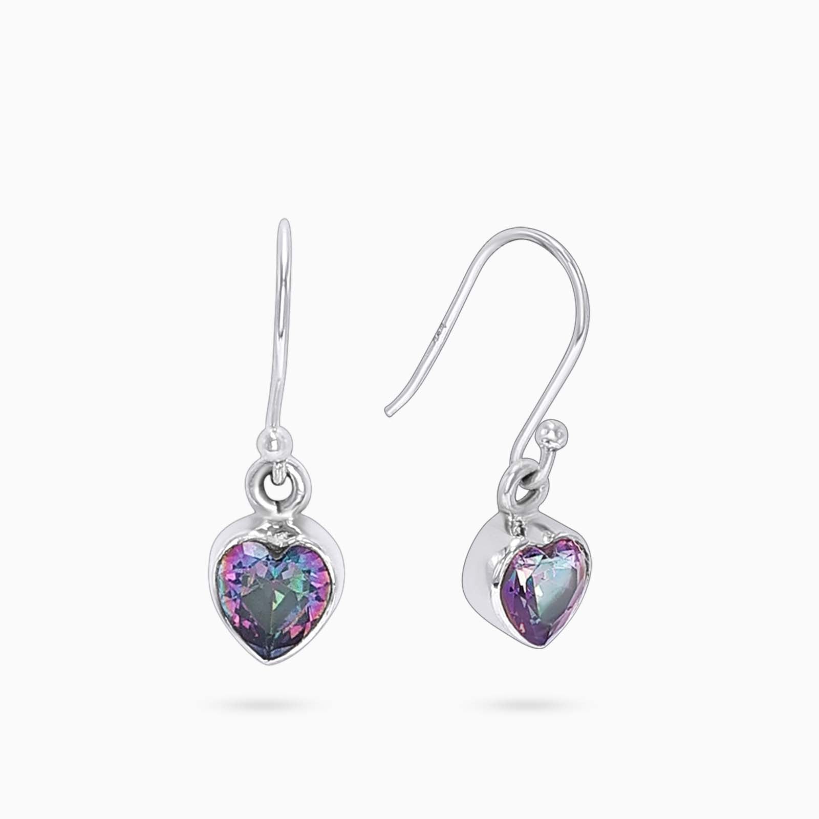 Silver Earrings - Pure Silver Earrings &#8211; Hoop With Purple-Blue CZ Heart Stone
