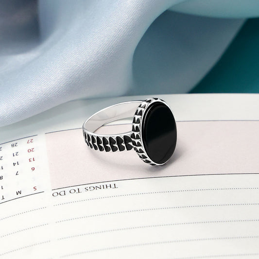 Mens Collection - Pure 925 Silver Ring &#8211; Carved With Oval Black Onyx