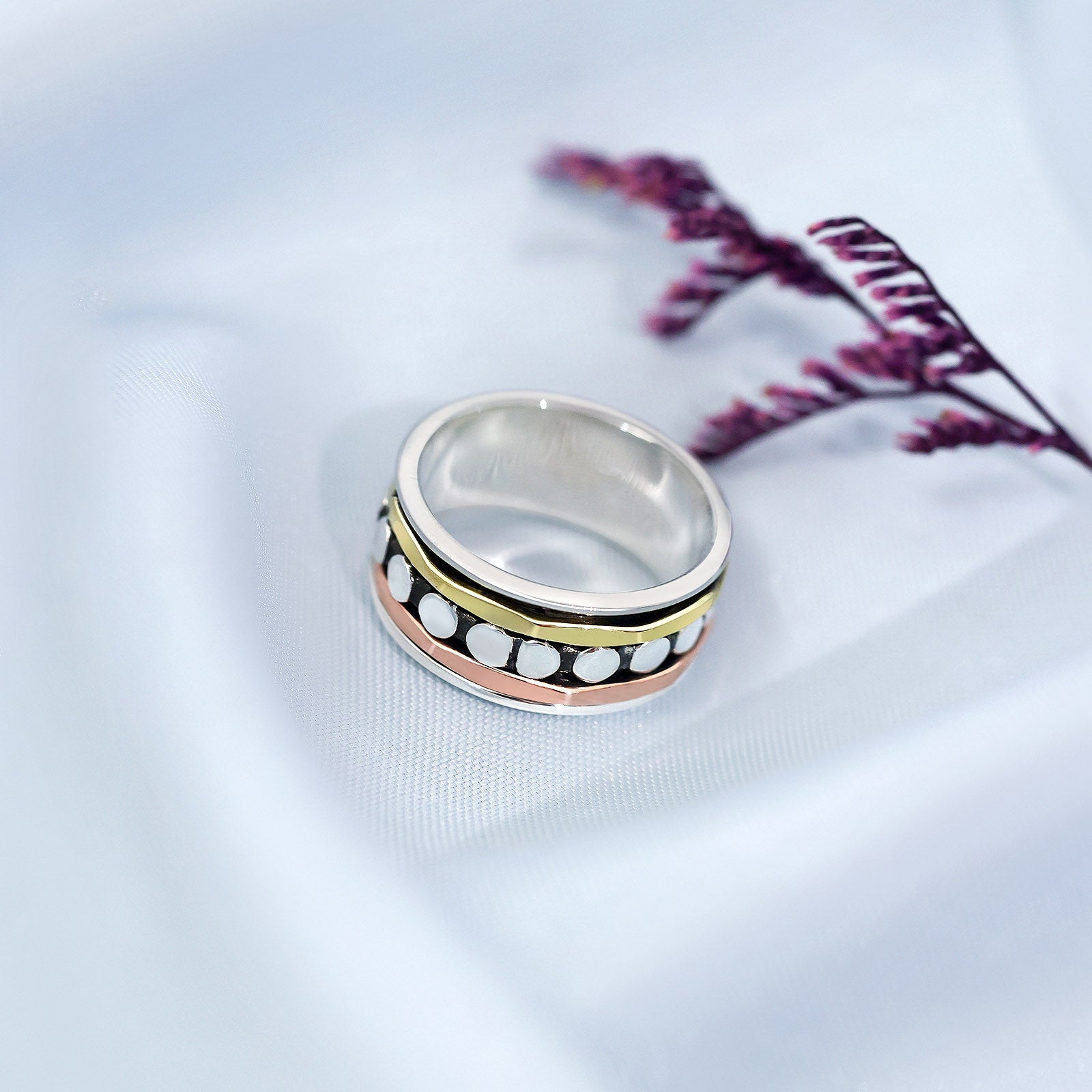 Men Rings - Pure 925 Silver Ring &#8211; Mixed Metal Pebble Band
