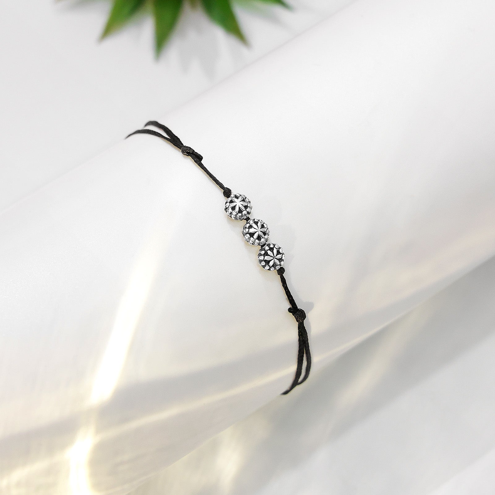 Silver anklets - Pure Silver Anklet &#8211; Beads With Adjustable Black Thread