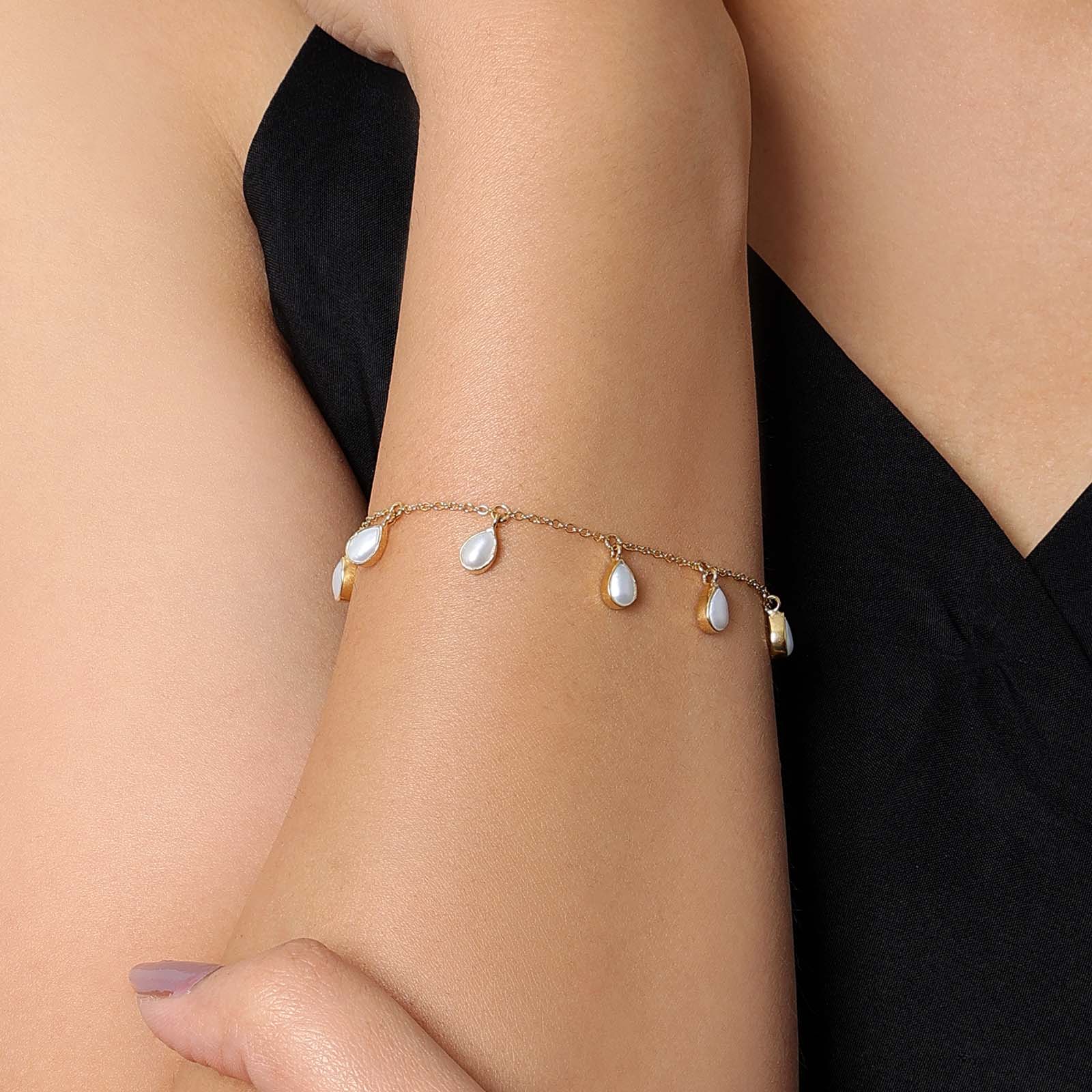 Silver chain bracelet - Pure Silver Bracelet &#8211; Gold Finish Pearl Drops