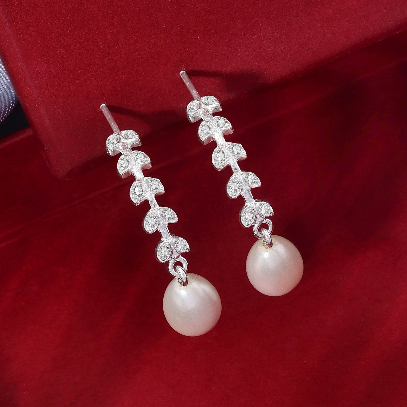 Drop Earrings - Pure Silver Earring &#8211; Stoned Leaves With White Pearls