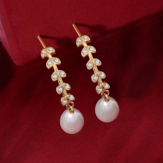 Pure Silver Earring - Gold Plated Leafy Design With Pearls - Tweov Jewels