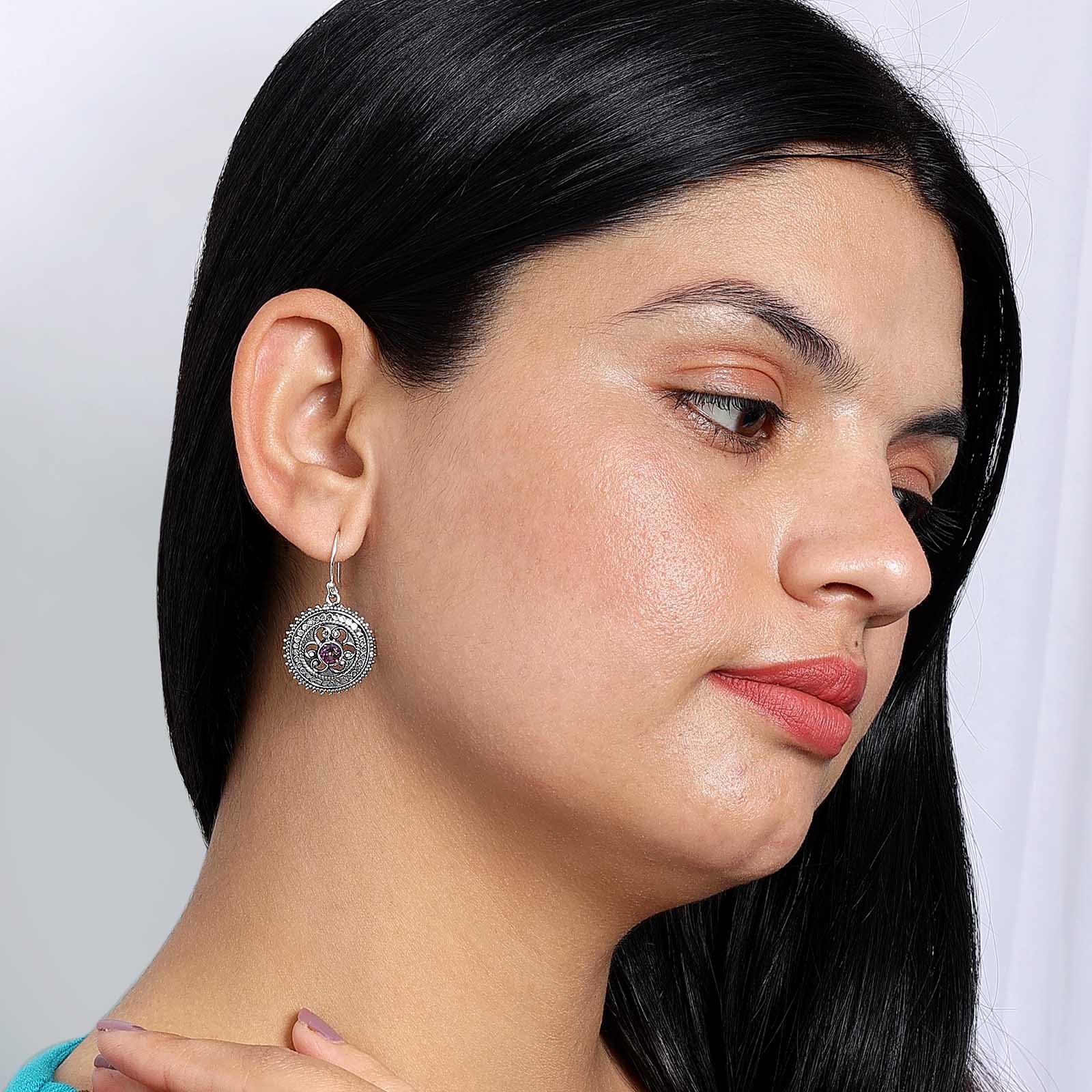 oxidised earrings - Pure Silver Earrings &#8211; Oxidised Hook With Rainbow CZ