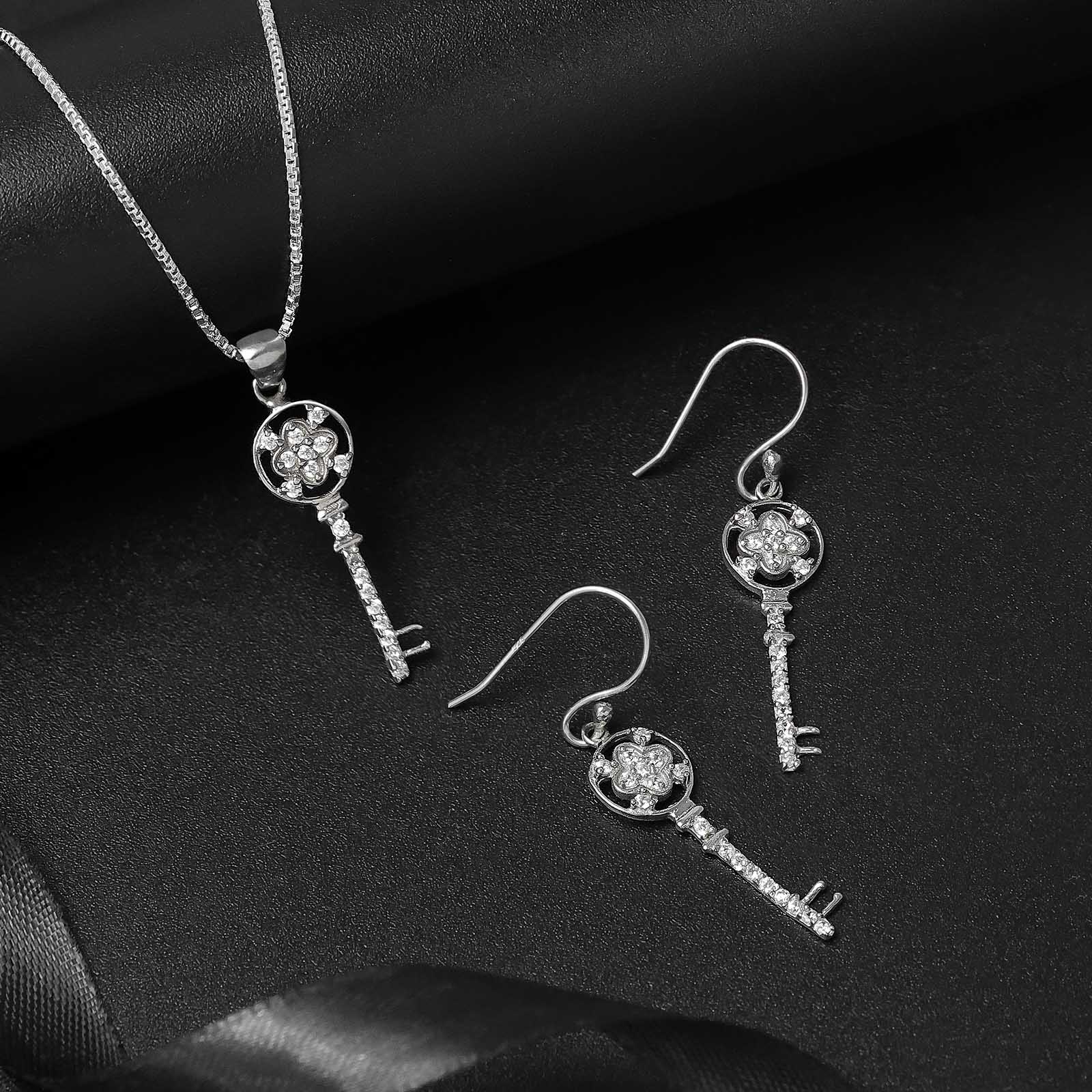 Jewellery Sets - Pure Silver Jewellery Sets &#8211; Cubic Zirconia Key Earrings With Pendant Set