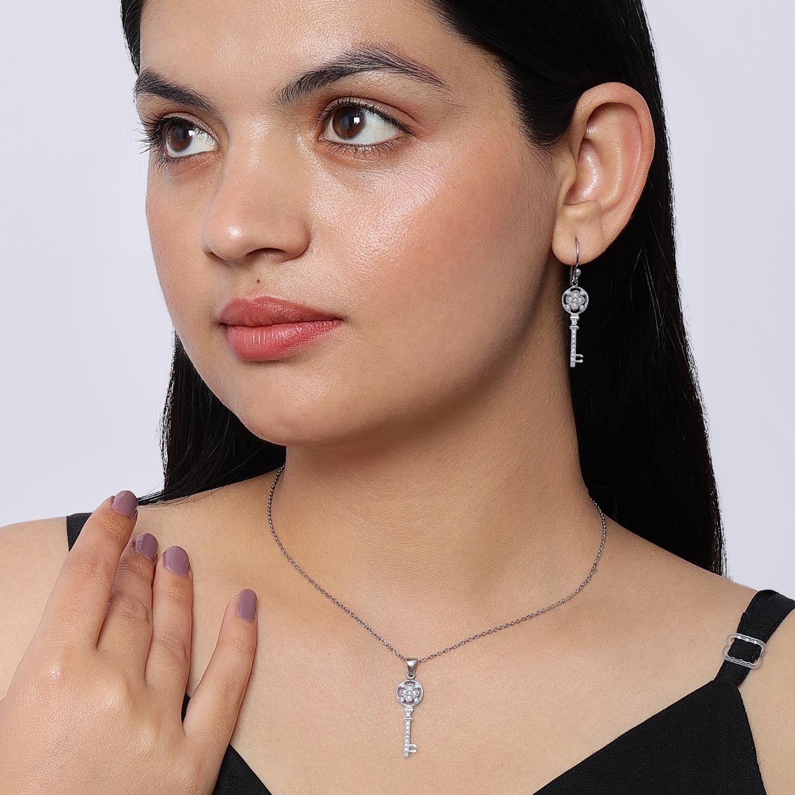 Neck Pieces - Pure Silver Jewellery Sets &#8211; Cubic Zirconia Key Earrings With Pendant Set