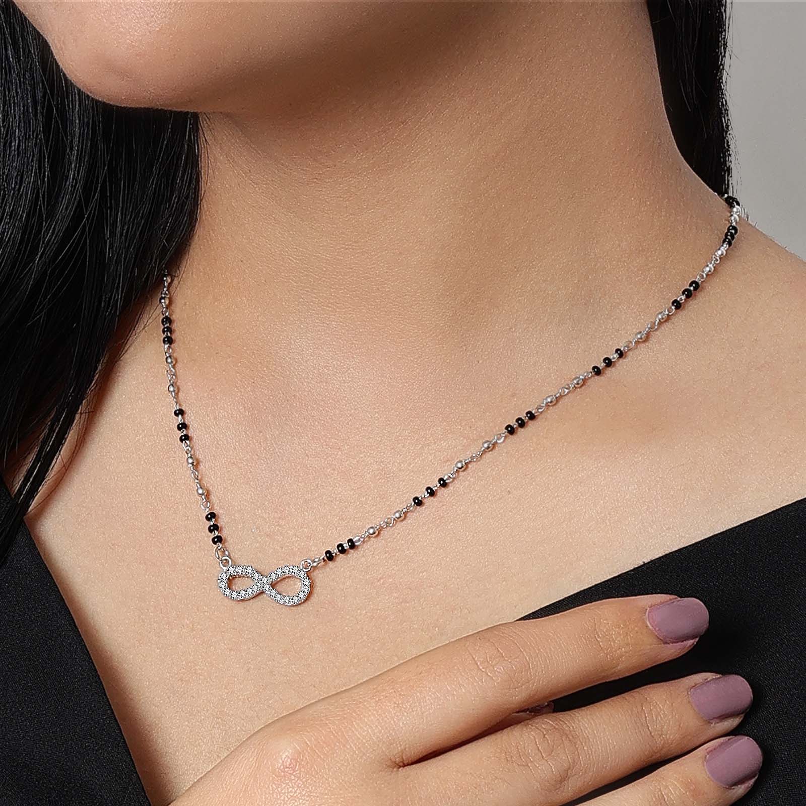 Neck Pieces - Pure Silver Necklace &#8211; Infinity Model With CZ &amp; Black Beads