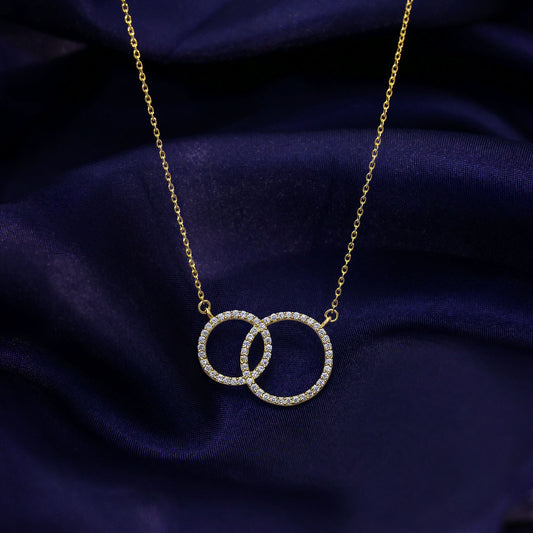 Gold-Plated Silver Necklace - Pure Silver Necklace &#8211; Dual Ring Design With CZ Stones