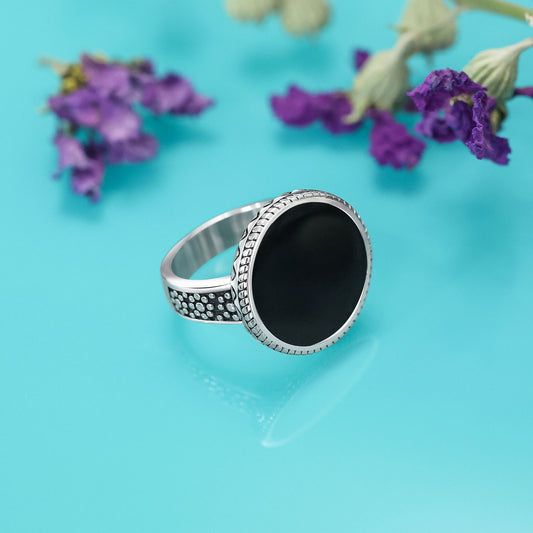 Mens Collection - Pure Silver Ring &#8211; Floral Dots With Round Black Onyx
