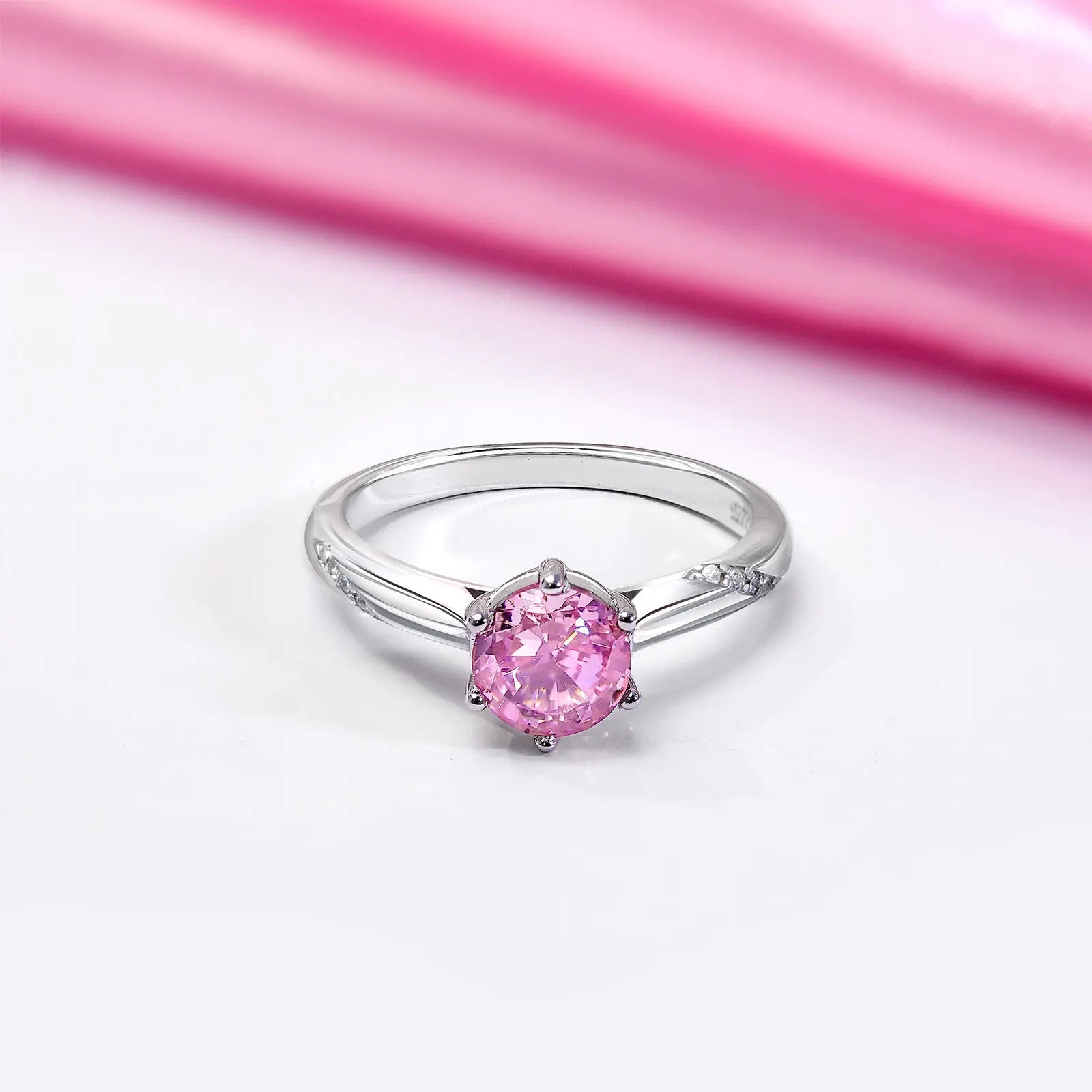 Pink Round Solitaire Diamond Silver Ring