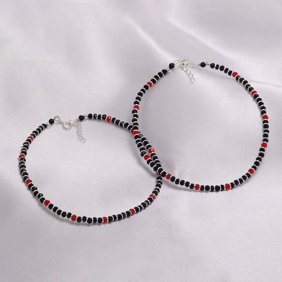 anklets for womens - Pure Silver Anklet &#8211; Nightfall Shimmer Coal Beaded