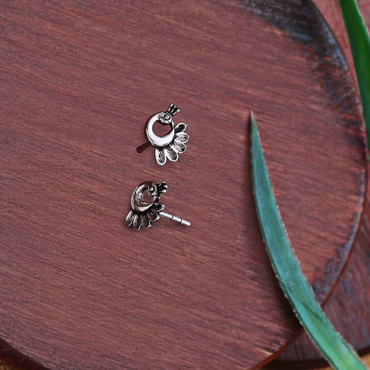 Silver Earrings - Pure Silver Stud Earrings &#8211; Oxidised Peacock Model